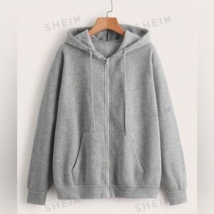 Womens SHEIN EZwear Solid Zip Up Drawstring Thermal Lined Hoodie